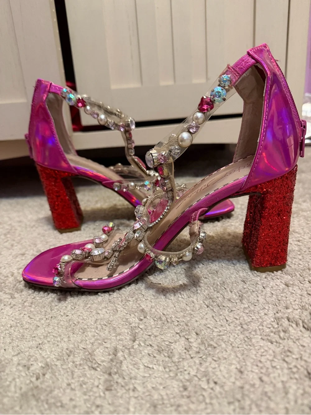 Betsey Johnson Iridescent Pink Jeweled Heart T-Strap Heels